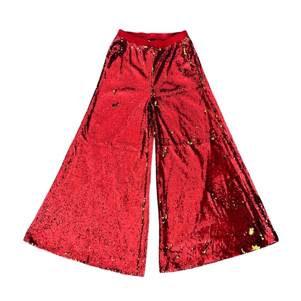 NWT || ILONA RICH FASHION || SEQUIN ELEPHANT LEG PANTS || RED & GOLD || SIZE 12